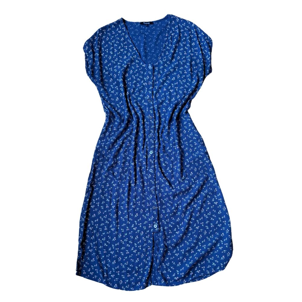 Madewell Navy Floral V Neck Button Down Short Sleeve Shift Midi Dress Size M